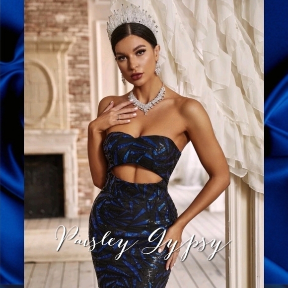 PREMIUM BRAND AND QUALITY GEOMETRIC SEQUINED STRAPLESS MERMAID MAXI DRESS - Picture 8 of 16